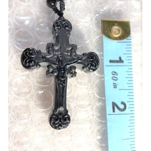 Very Nice Black Obsidian Crucifix on Black Obsidian Beaded Necklace - Picture 4 of 7